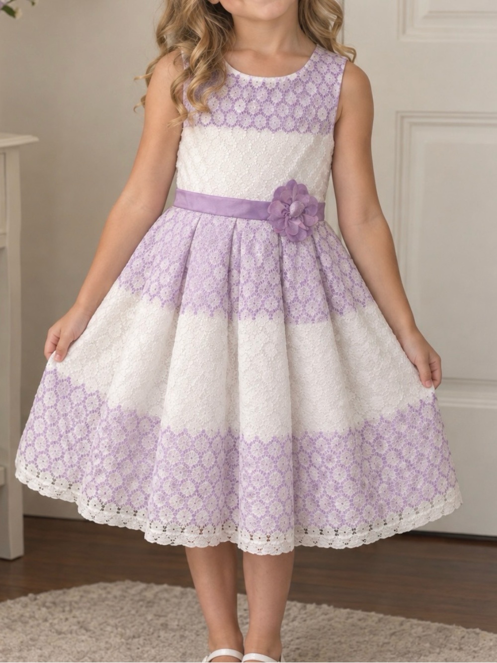 Jona Michelle Lavender and White Lace Flower Sash Party Dress